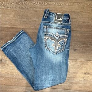 Rock Revival Blue Boot Cut Jeans with Embellished Pockets